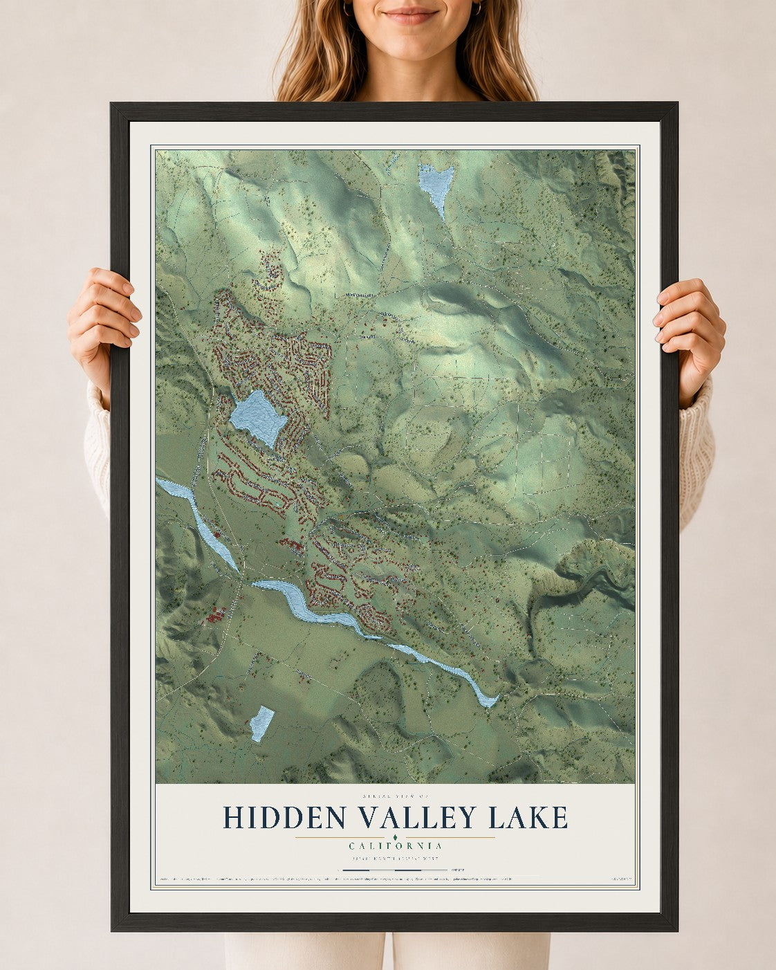 Map of Hidden Valley Lake, California, 24 x 36 inch print in a black wood frame