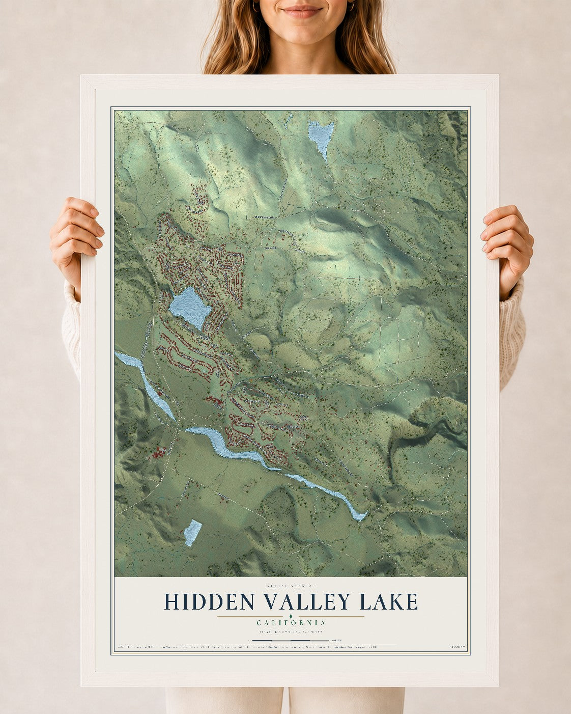 Map of Hidden Valley Lake, California, 24 x 36 inch print in a white wood frame