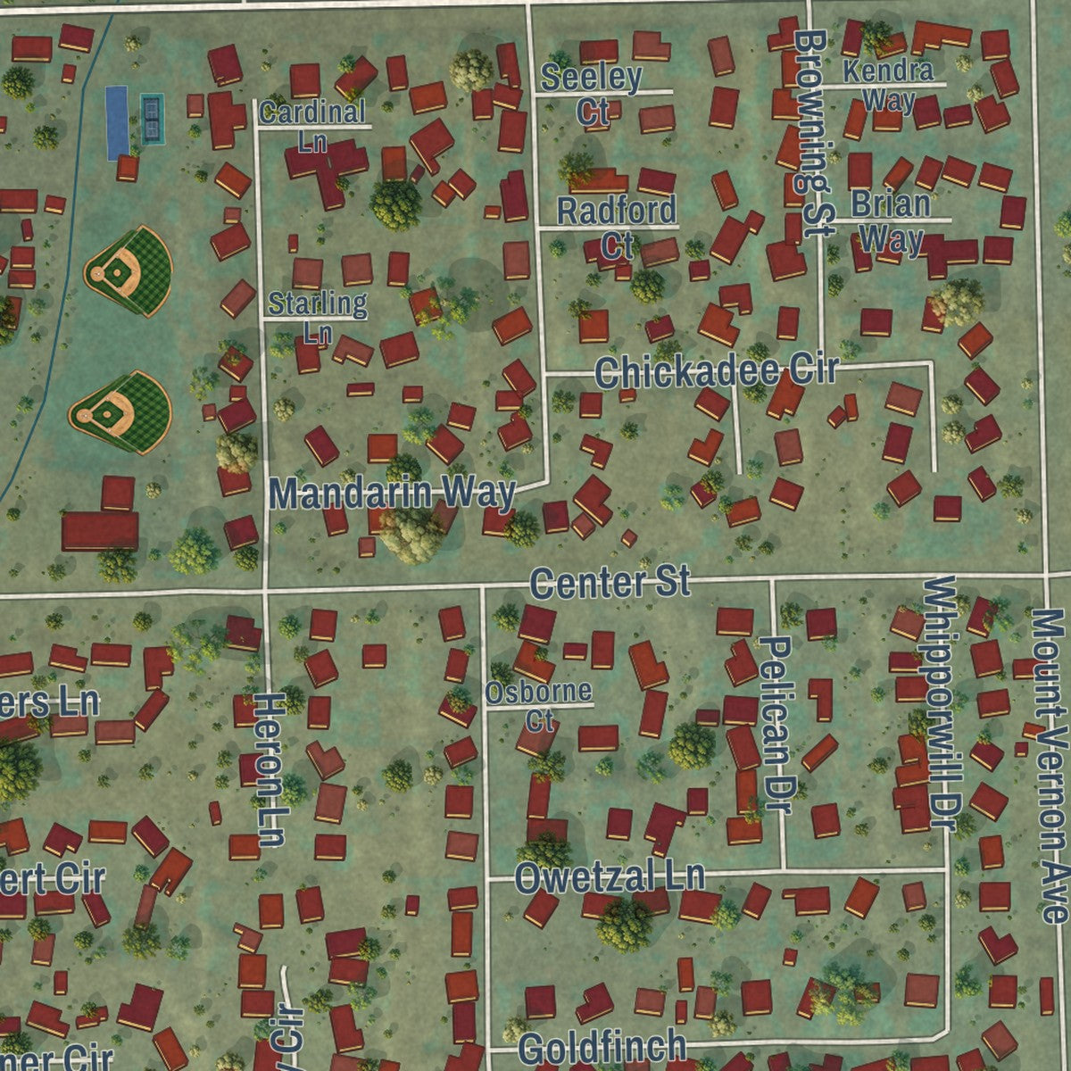 Close-up of the map of Highgrove, California print showing street and building detail