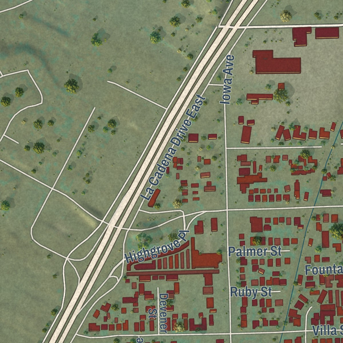 Second close-up of the map of Highgrove, California print showing more streets and buildings