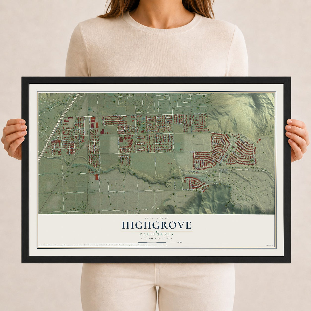 Map of Highgrove, California, 12 x 18 inch print in a black wood frame