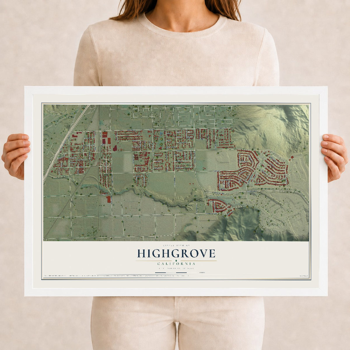 Map of Highgrove, California, 12 x 18 inch print in a white wood frame