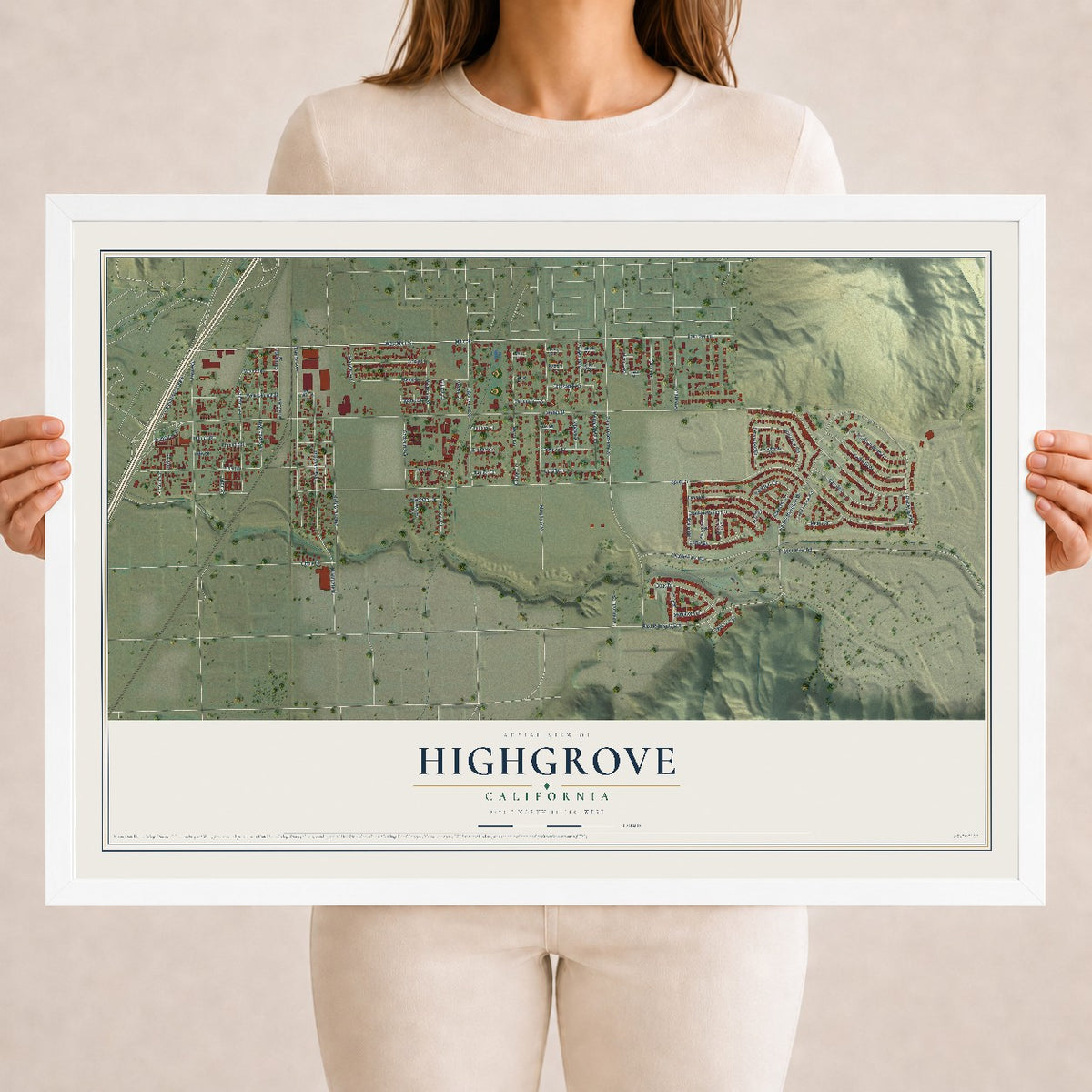Map of Highgrove, California, 18 x 24 inch print in a white wood frame
