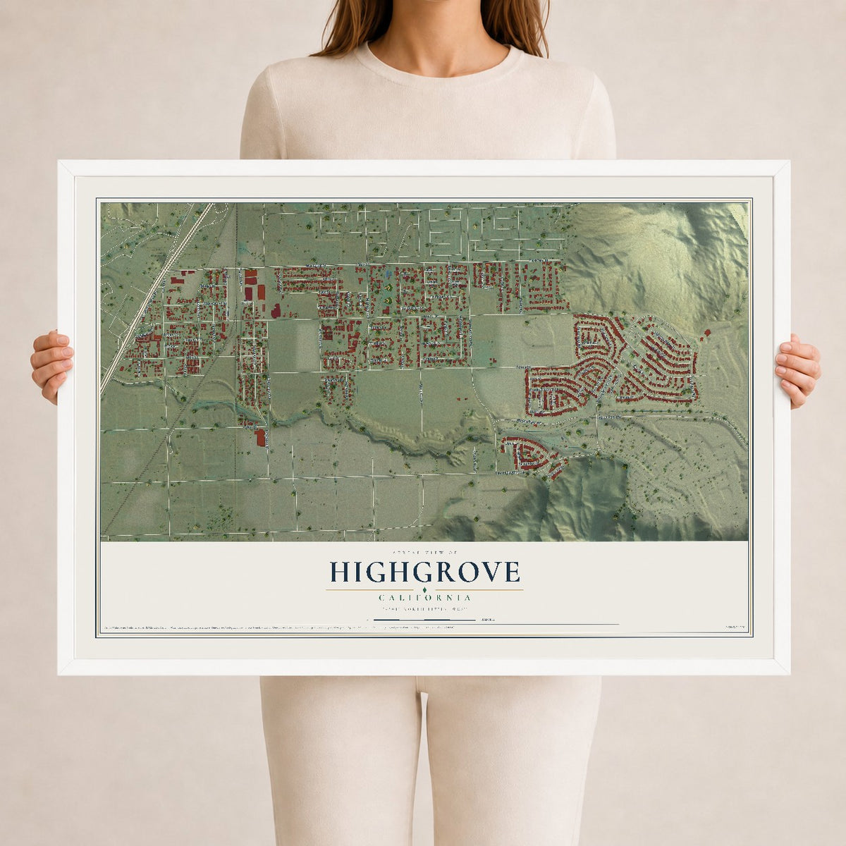 Map of Highgrove, California, 24 x 36 inch print in a white wood frame