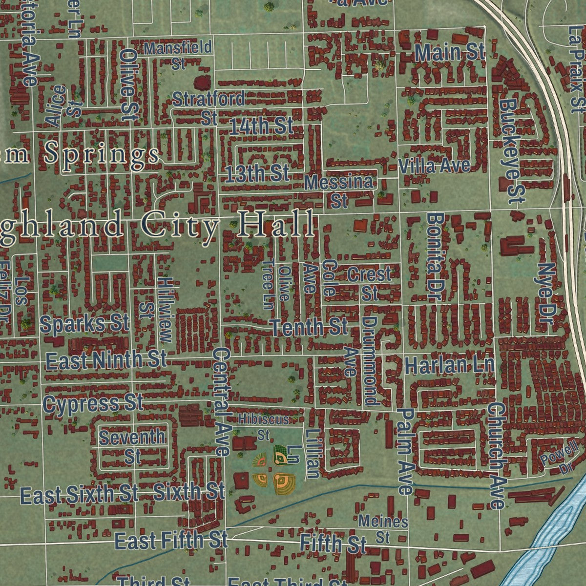 Close-up of the map of Highland, California print showing street and building detail