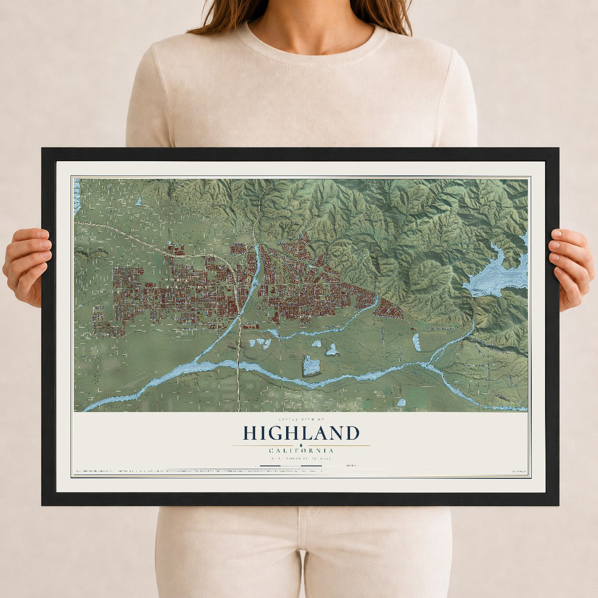 Map of Highland, California, 12 x 18 inch print in a black wood frame