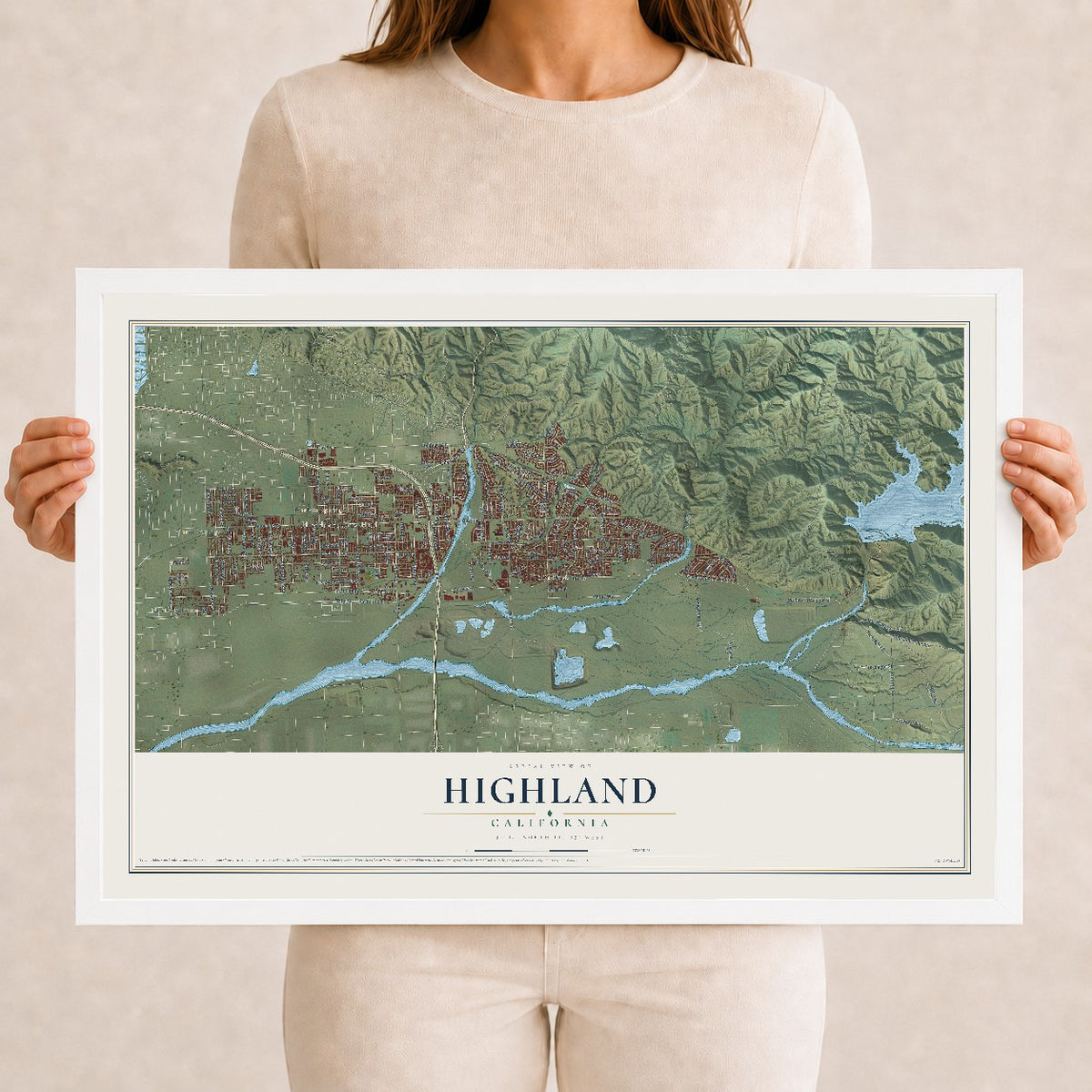 Map of Highland, California, 12 x 18 inch print in a white wood frame