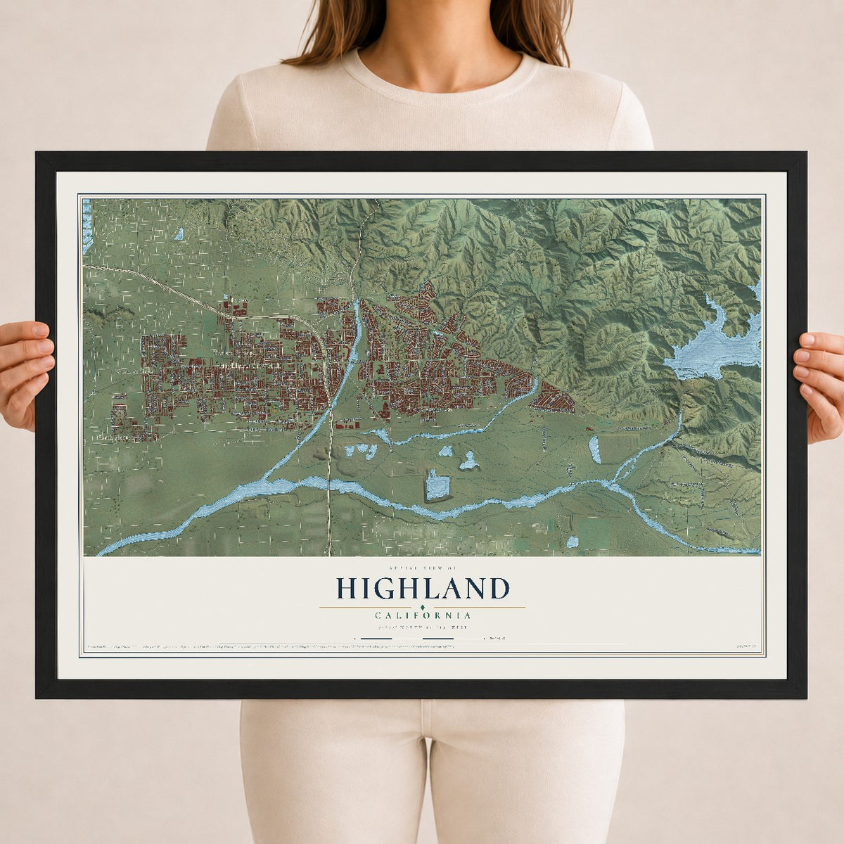 Map of Highland, California, 18 x 24 inch print in a black wood frame
