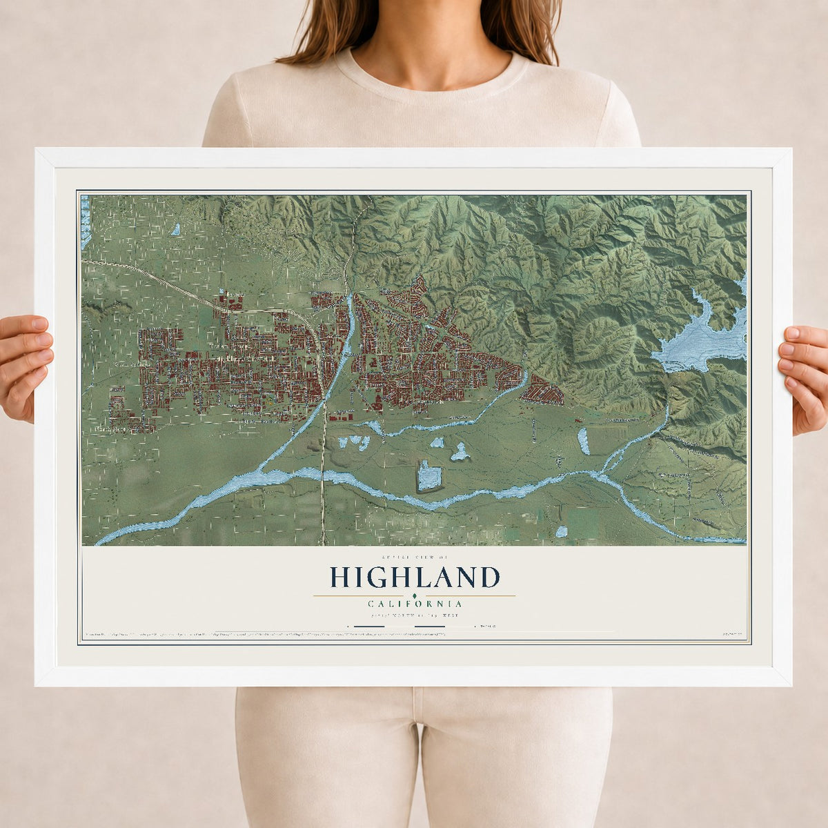 Map of Highland, California, 18 x 24 inch print in a white wood frame