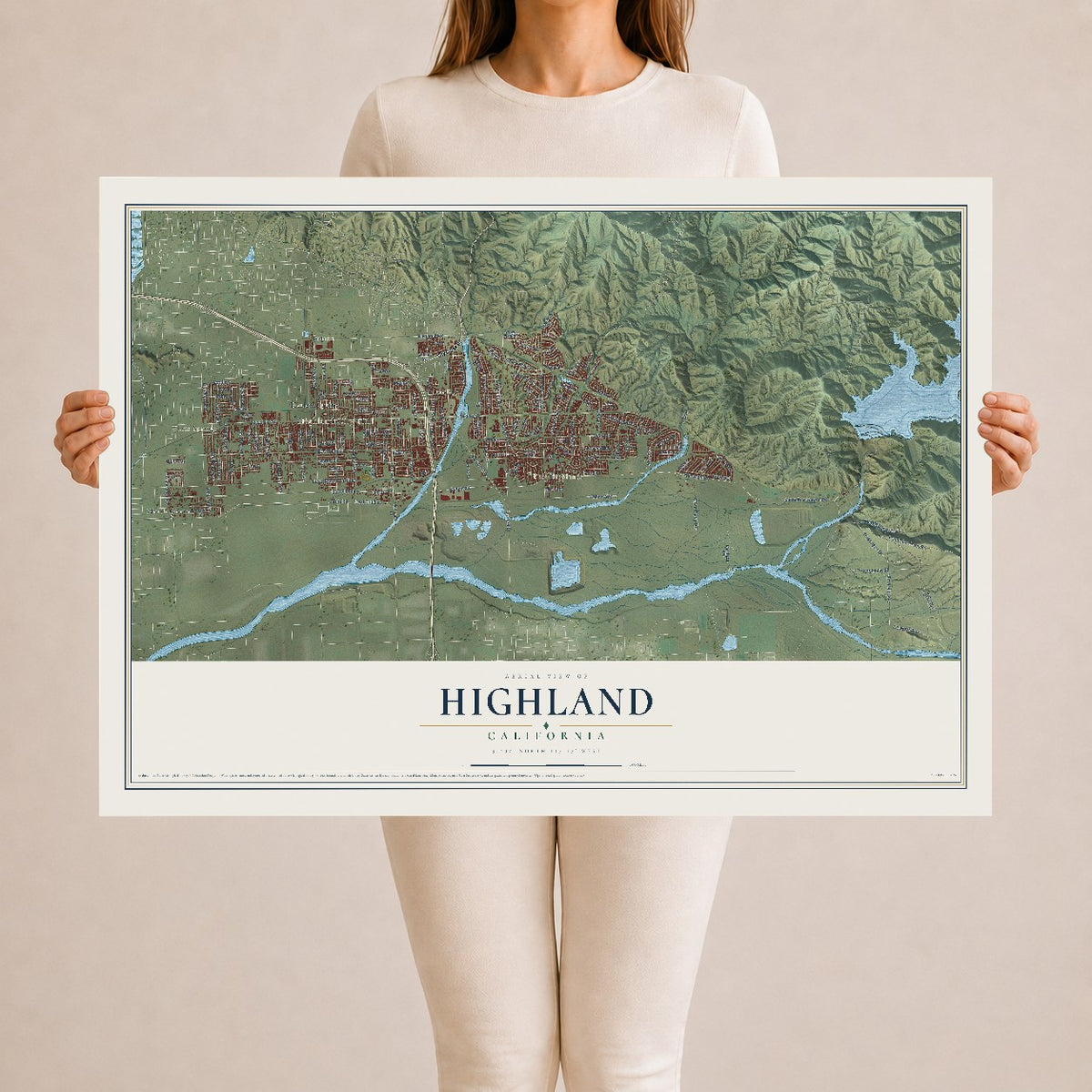 Map of Highland, California, 24 x 36 inch unframed archival matte print