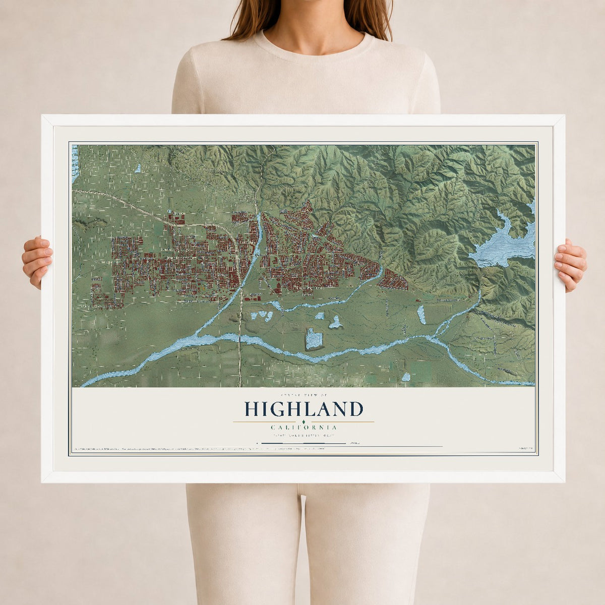 Map of Highland, California, 24 x 36 inch print in a white wood frame
