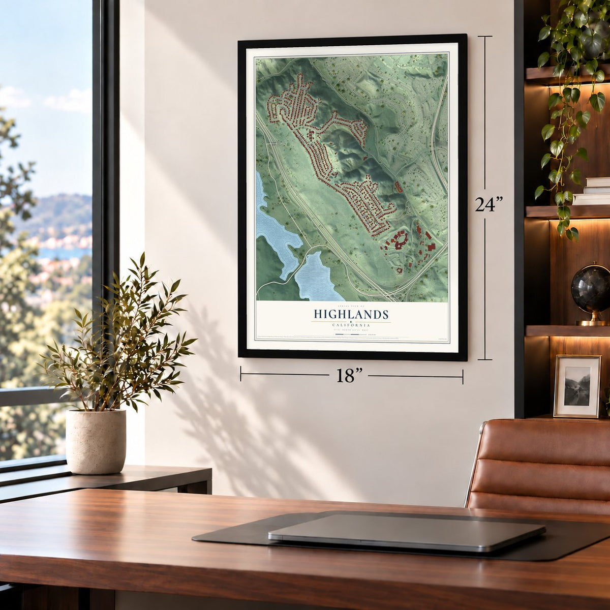 Highlands, California map, 18 x 24 inch print in a black frame in a home office