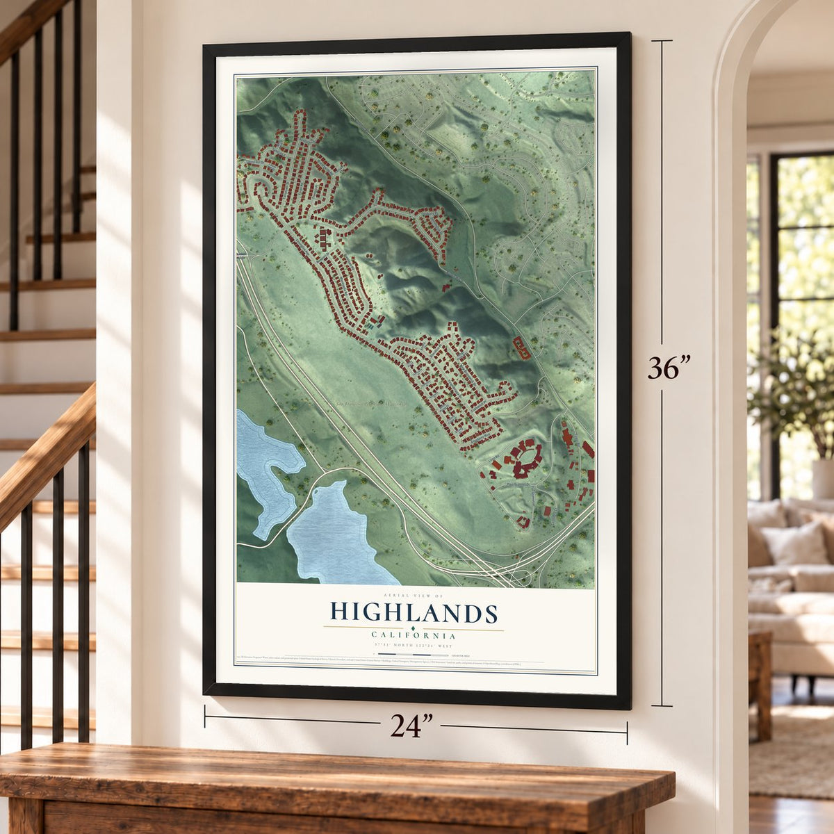 Highlands, California map, 24 x 36 inch print in a black frame by a staircase