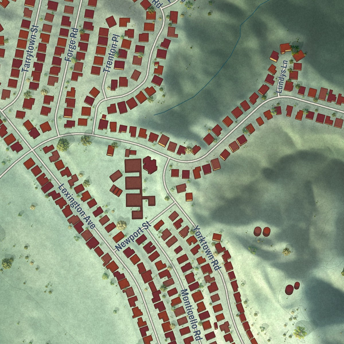 Close-up of the map of Highlands, California print showing street and building detail