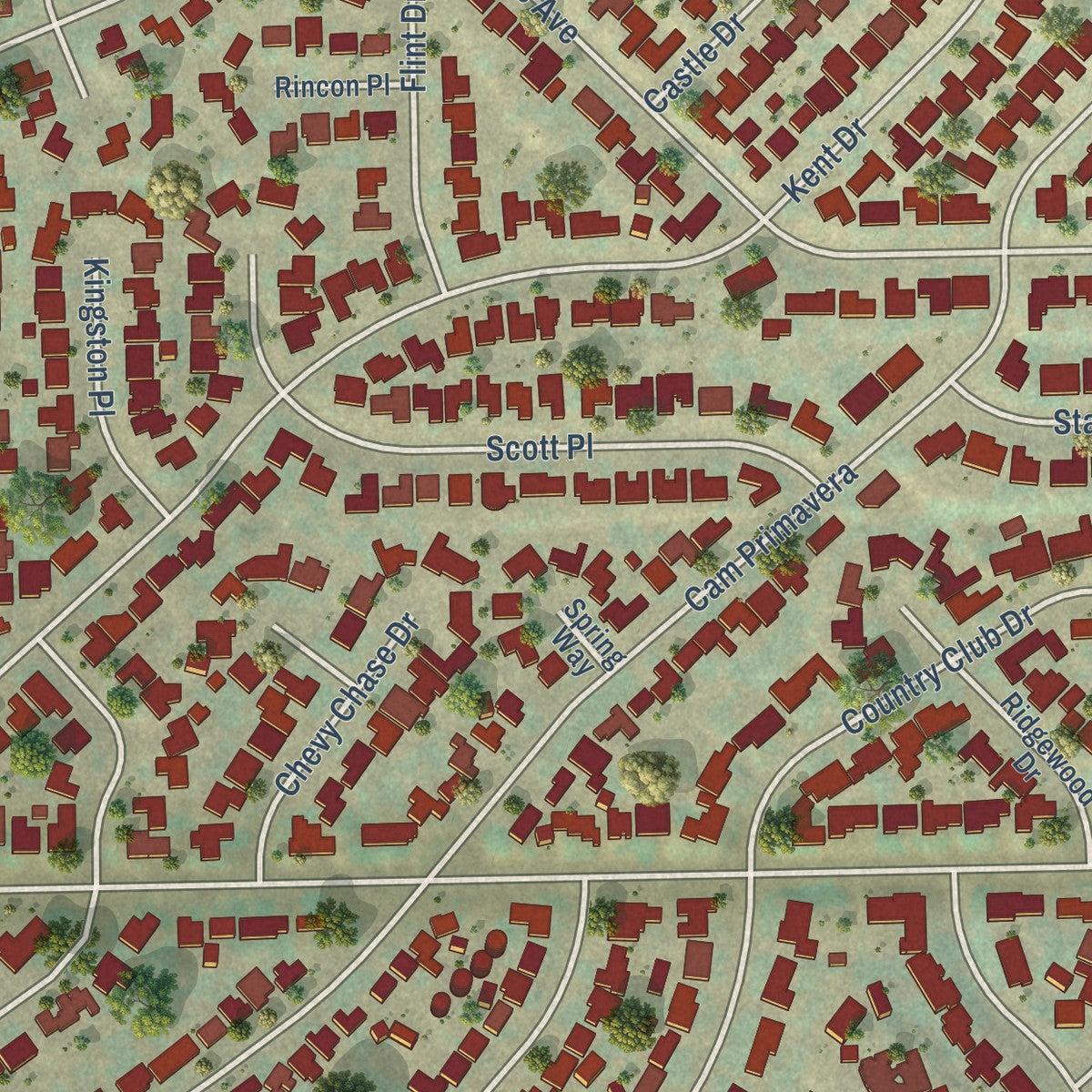 Close-up of the map of Hillcrest, California print showing street and building detail