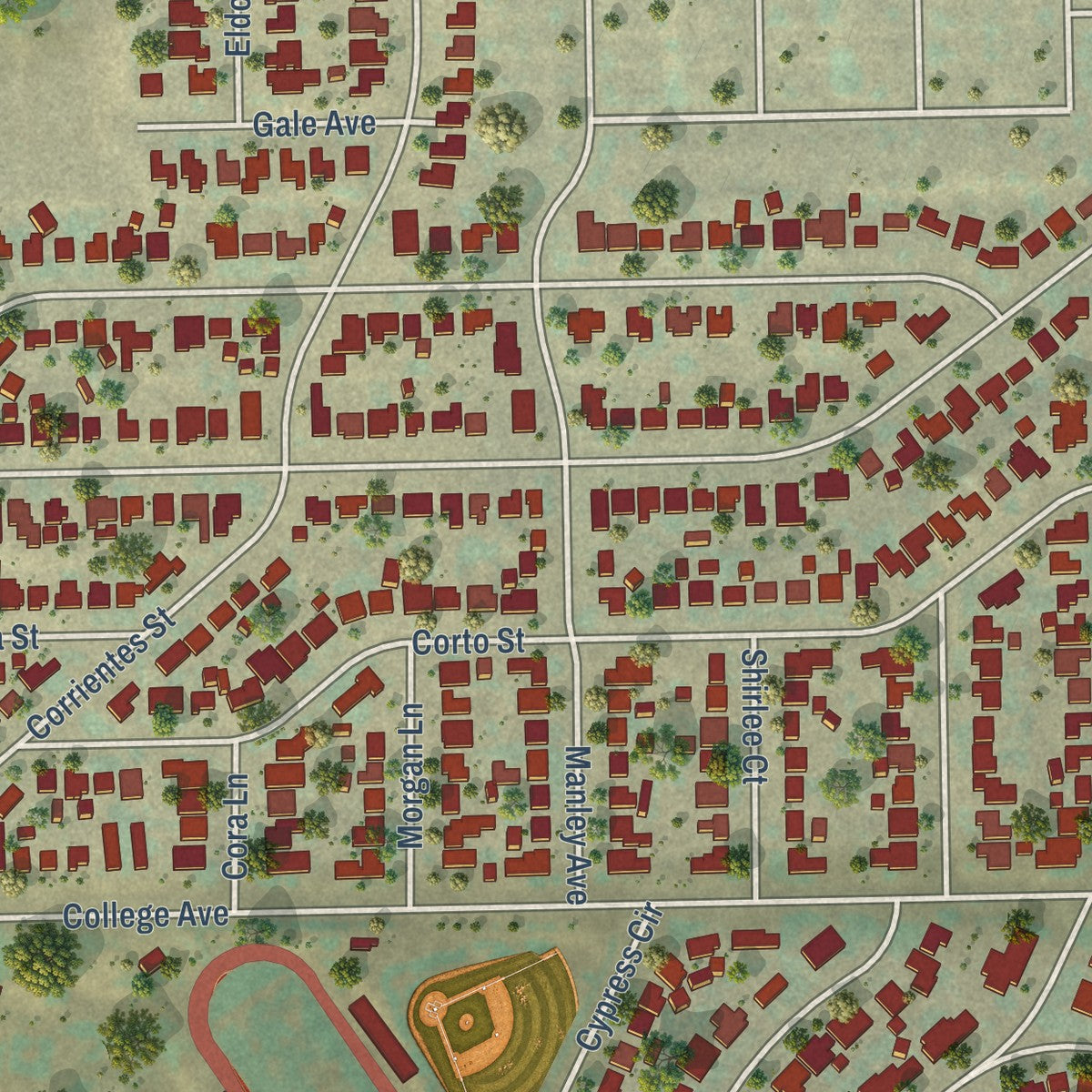 Second close-up of the map of Hillcrest, California print showing more streets and buildings