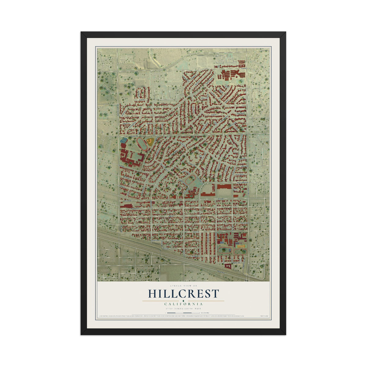Map of Hillcrest, California, 12 x 18 inch print in a black wood frame