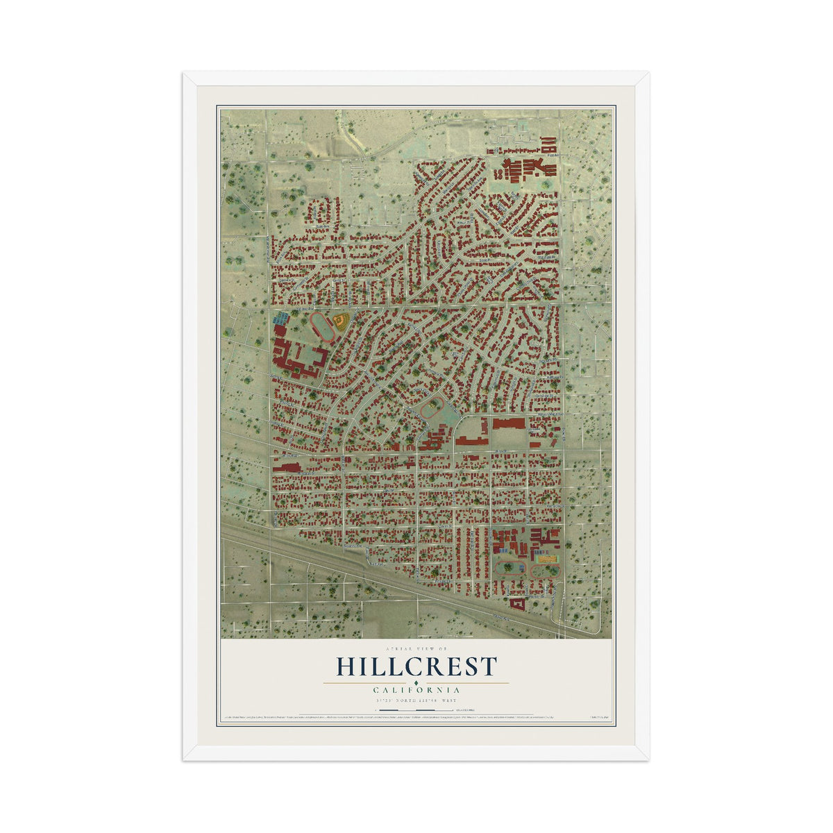 Map of Hillcrest, California, 12 x 18 inch print in a white wood frame