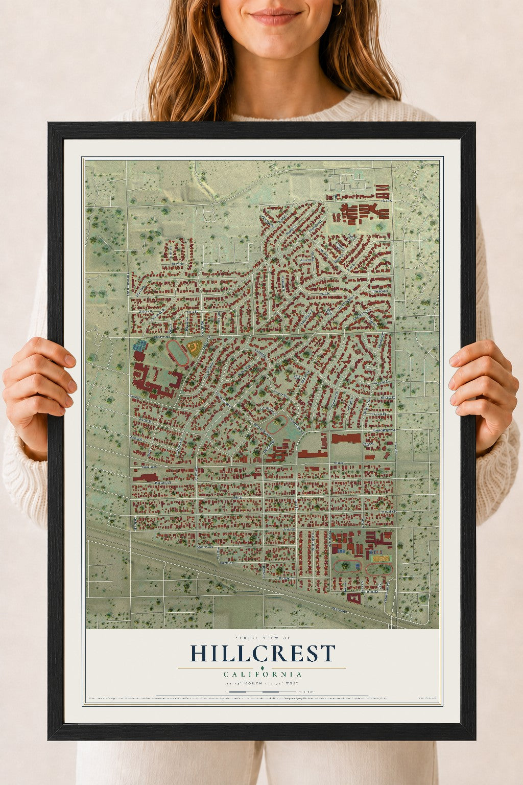 Map of Hillcrest, California, 18 x 24 inch print in a black wood frame