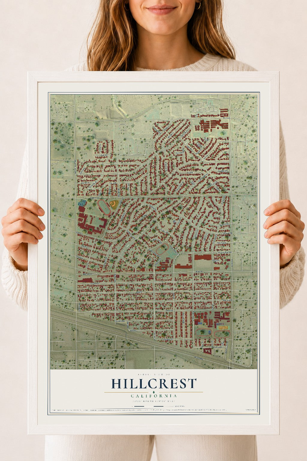 Map of Hillcrest, California, 18 x 24 inch print in a white wood frame
