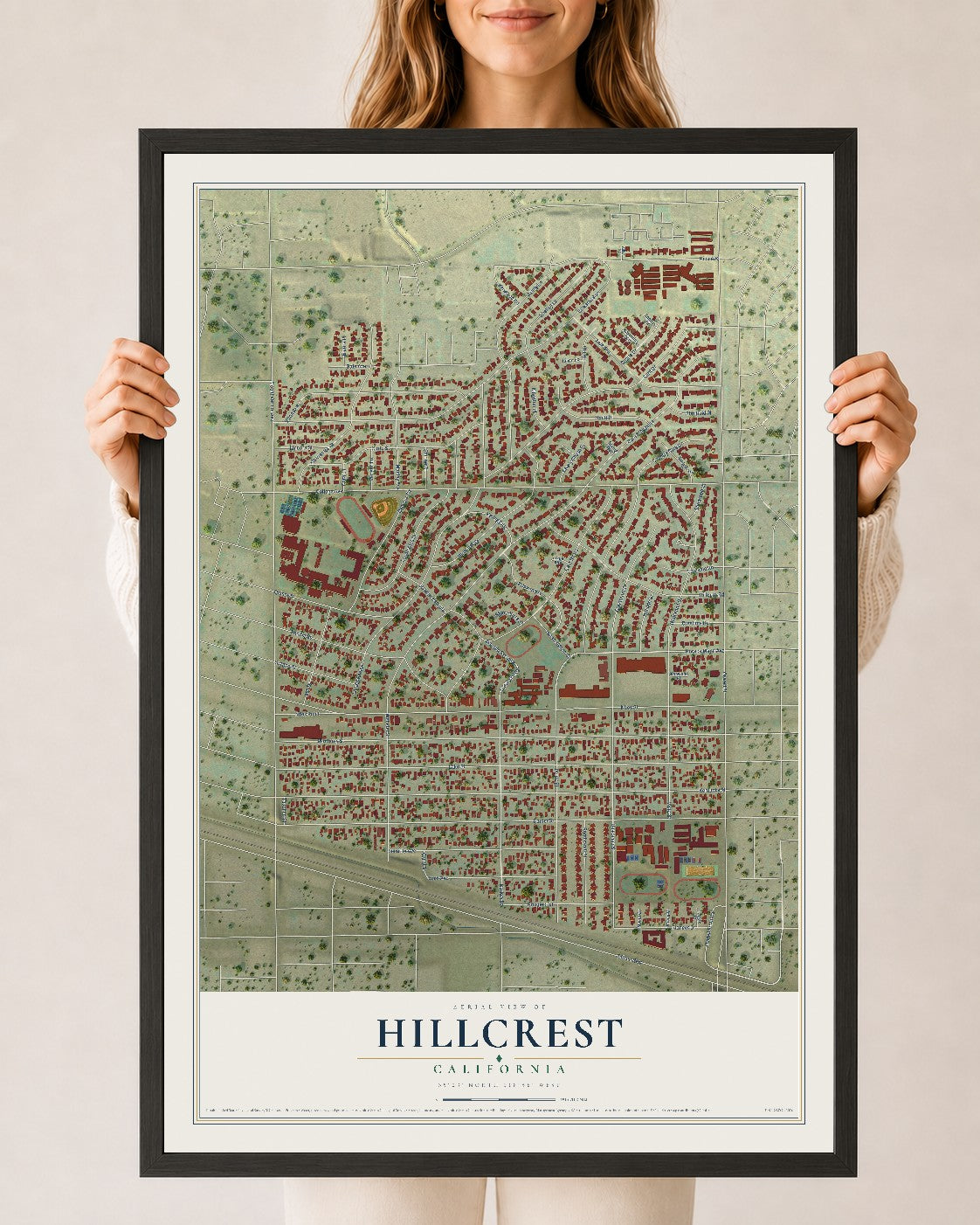 Map of Hillcrest, California, 24 x 36 inch print in a black wood frame