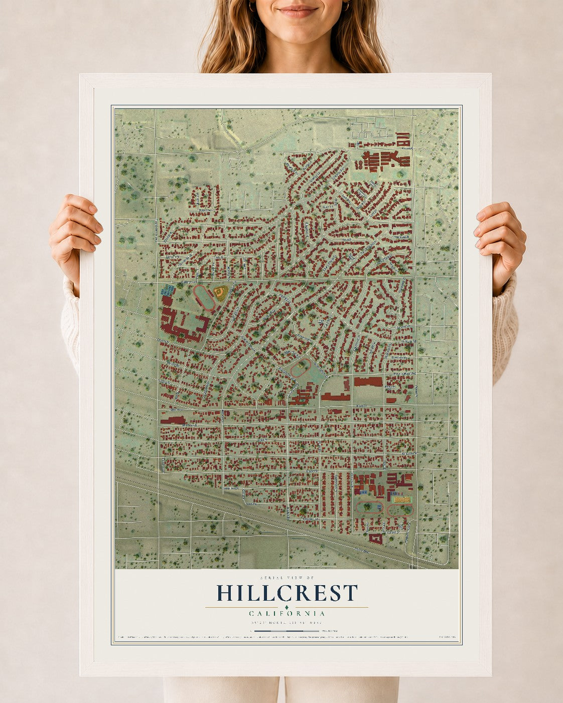Map of Hillcrest, California, 24 x 36 inch print in a white wood frame