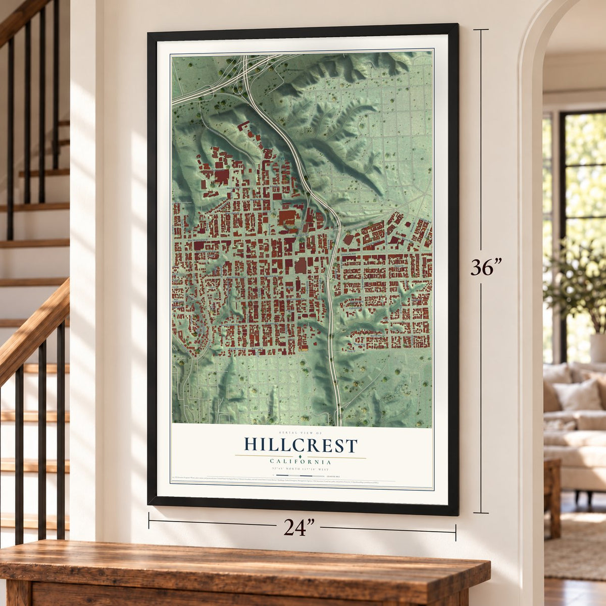Hillcrest, San Diego, California map, 24 x 36 inch print in a black frame by a staircase