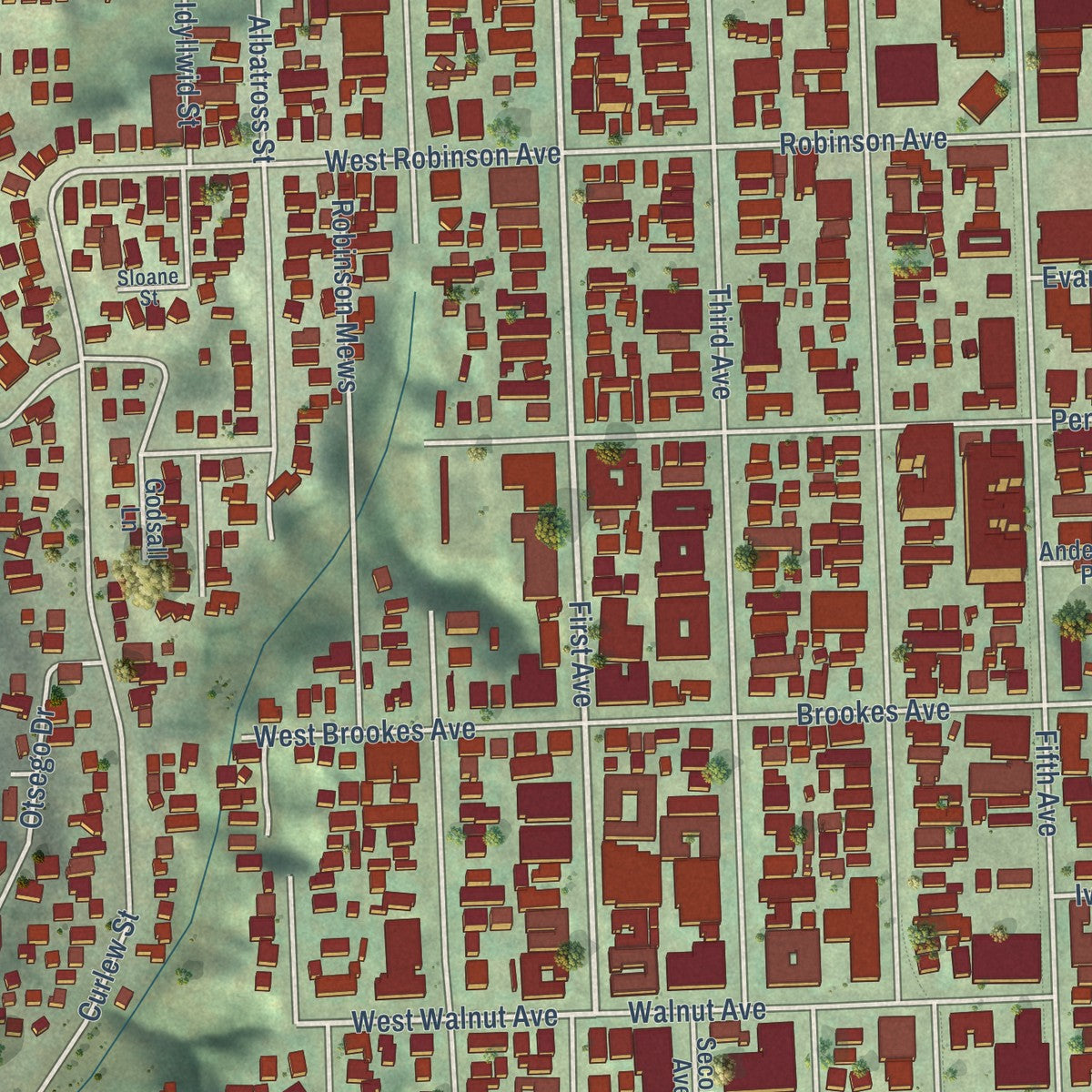 Close-up of the map of Hillcrest, San Diego, California print showing street and building detail