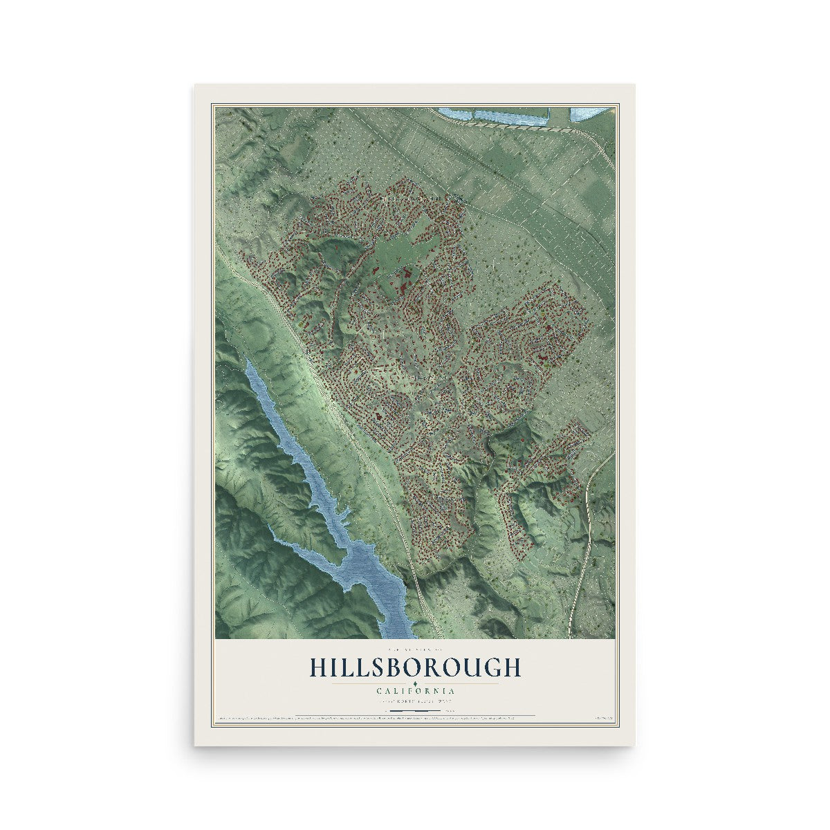 Map of Hillsborough, California, 12 x 18 inch unframed archival matte print