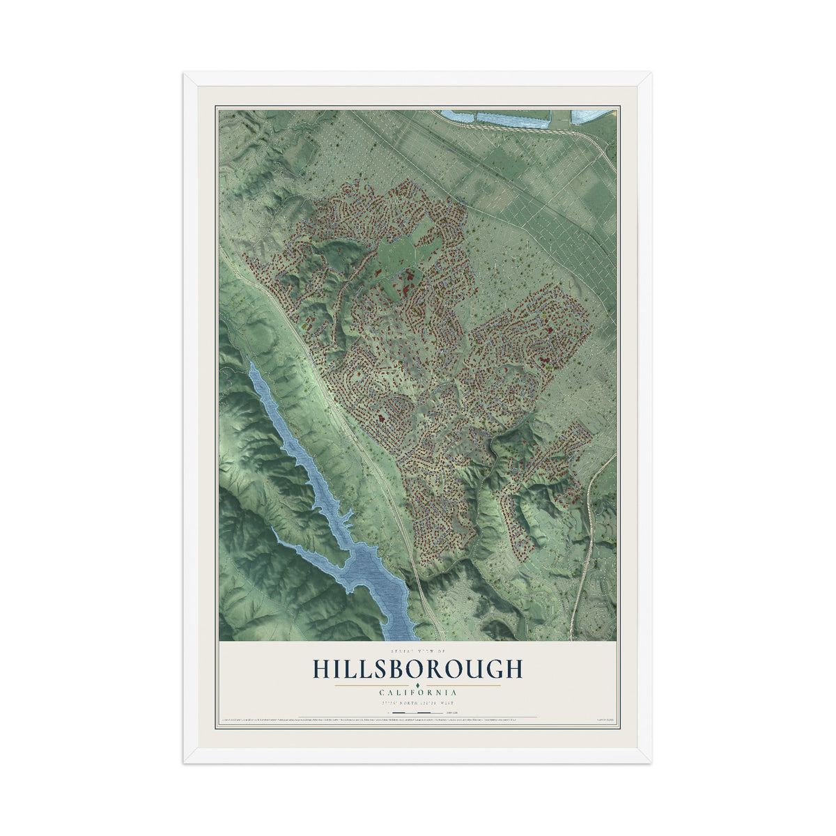 Map of Hillsborough, California, 12 x 18 inch print in a white wood frame