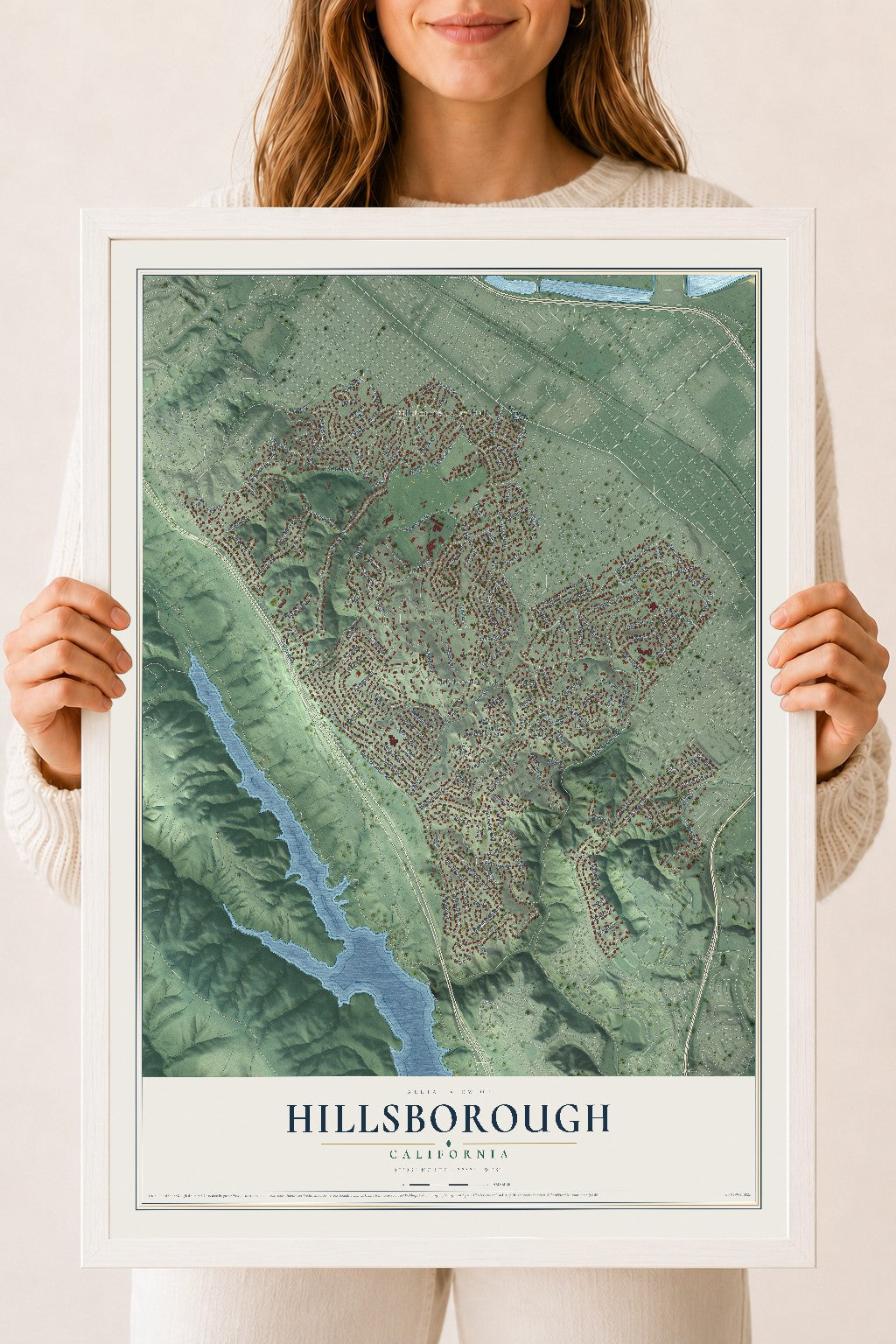 Map of Hillsborough, California, 18 x 24 inch print in a white wood frame