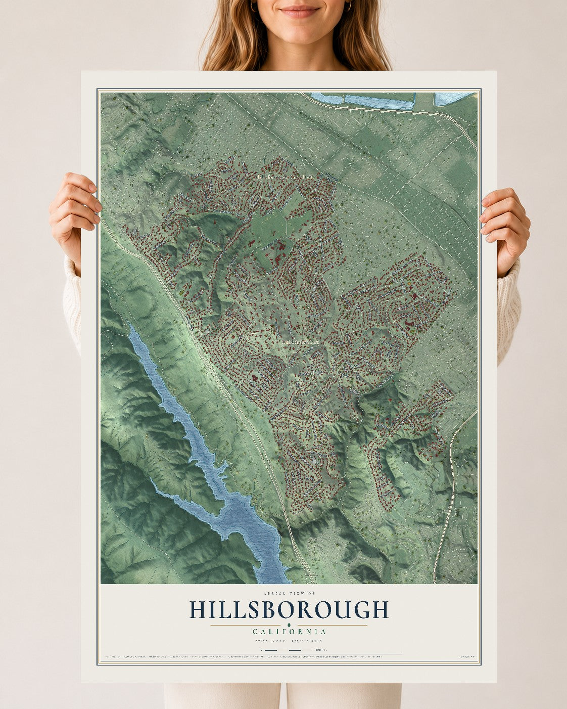 Map of Hillsborough, California, 24 x 36 inch unframed archival matte print
