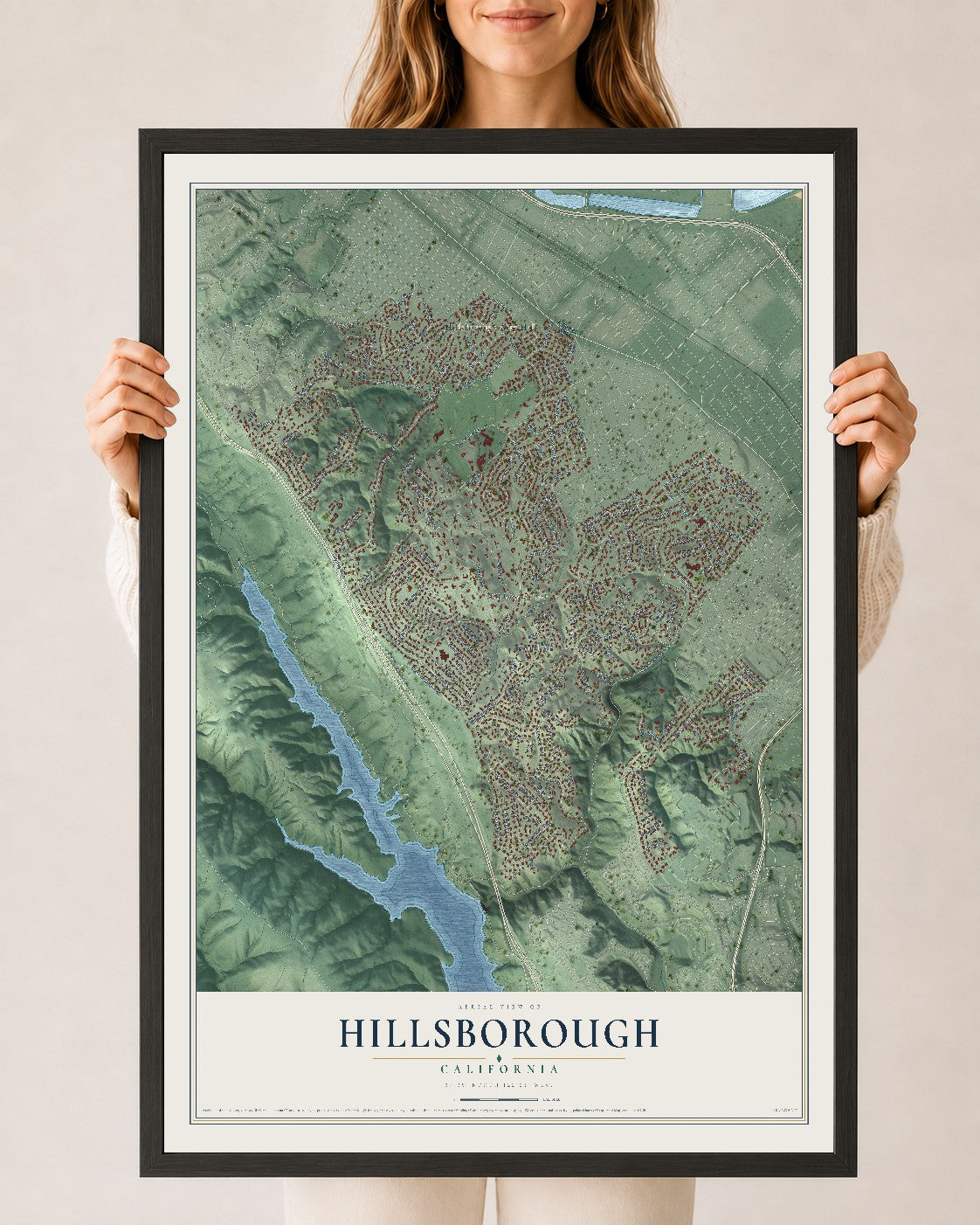 Map of Hillsborough, California, 24 x 36 inch print in a black wood frame