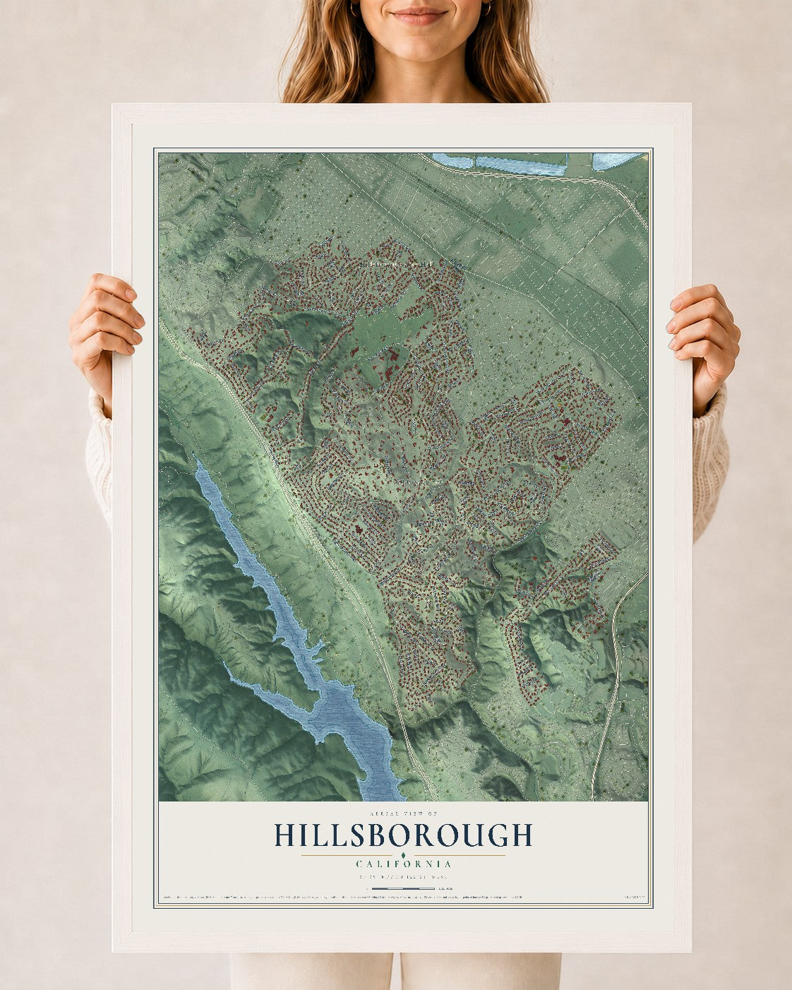Map of Hillsborough, California, 24 x 36 inch print in a white wood frame