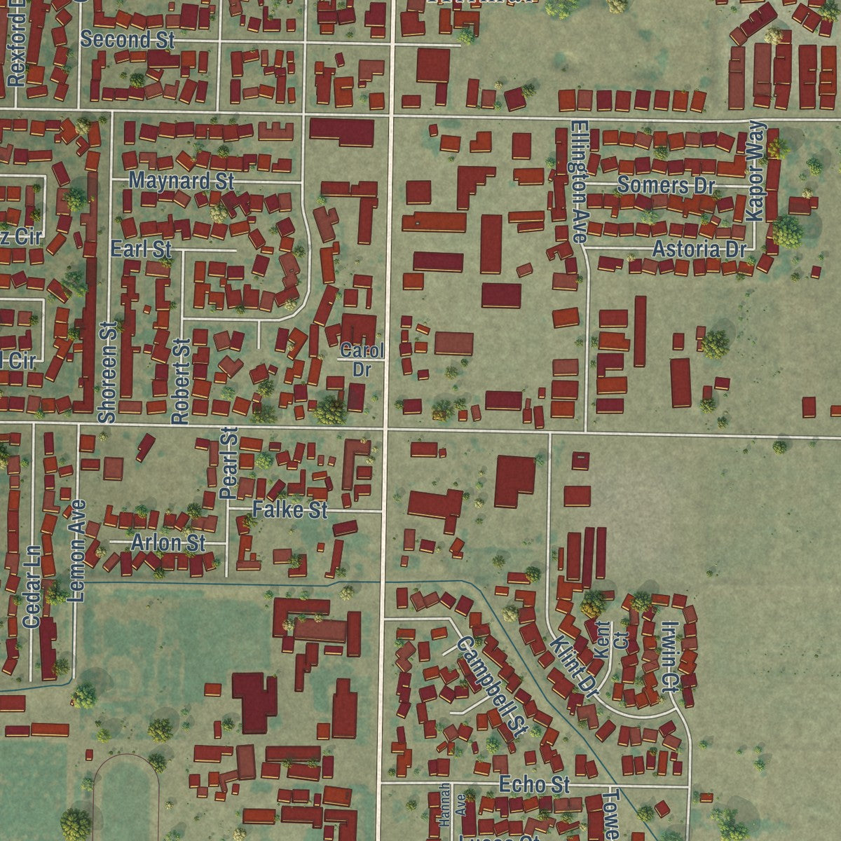 Close-up of the map of Hilmar-Irwin, California print showing street and building detail