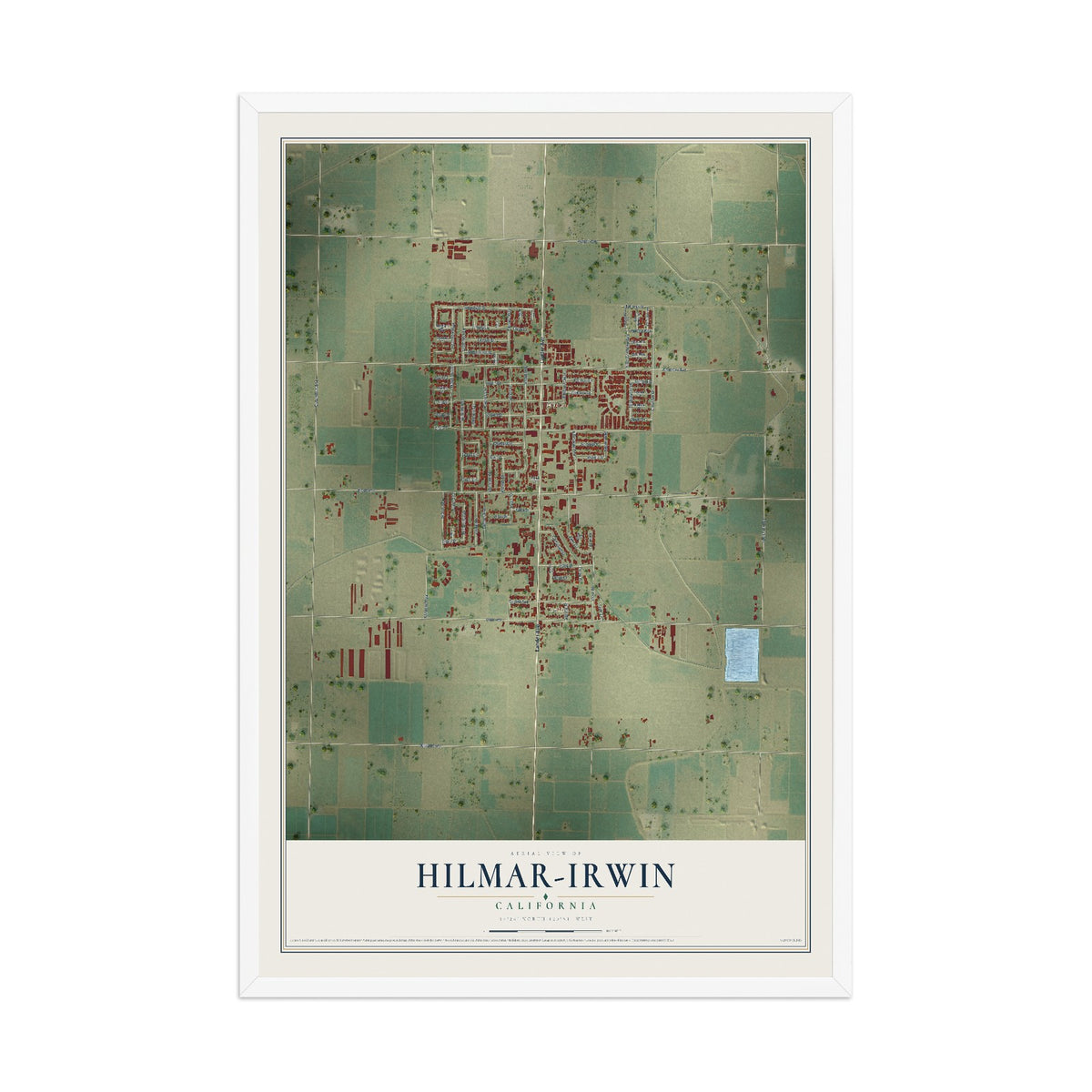 Map of Hilmar-Irwin, California, 12 x 18 inch print in a white wood frame