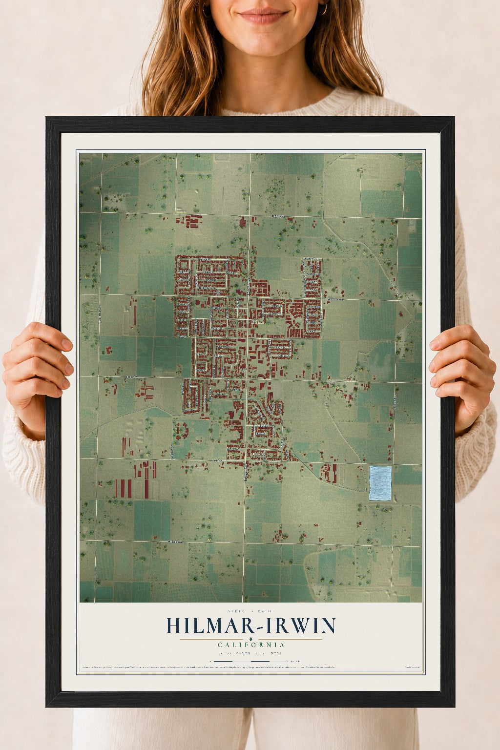 Map of Hilmar-Irwin, California, 18 x 24 inch print in a black wood frame