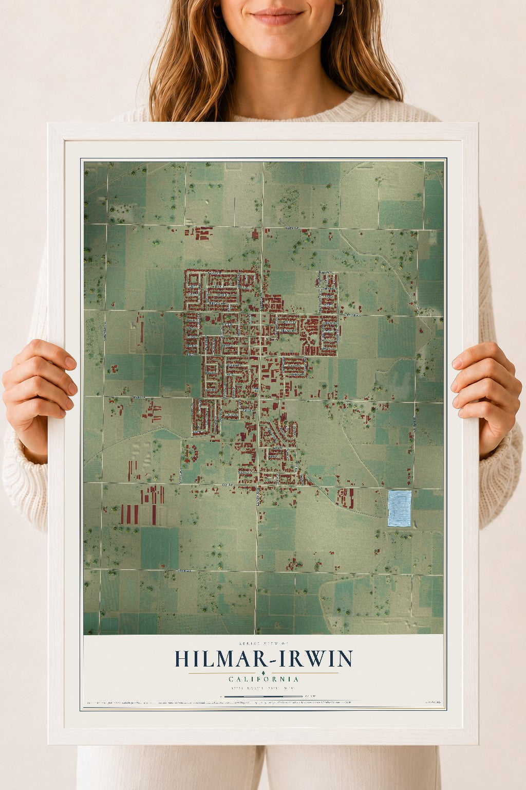 Map of Hilmar-Irwin, California, 18 x 24 inch print in a white wood frame