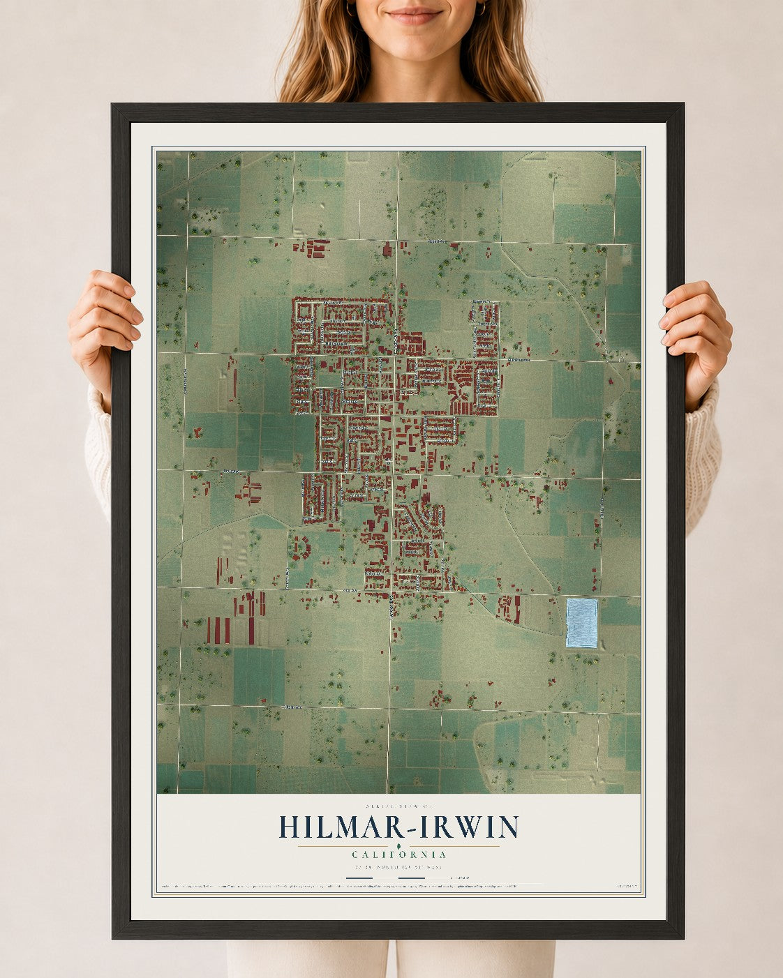 Map of Hilmar-Irwin, California, 24 x 36 inch print in a black wood frame