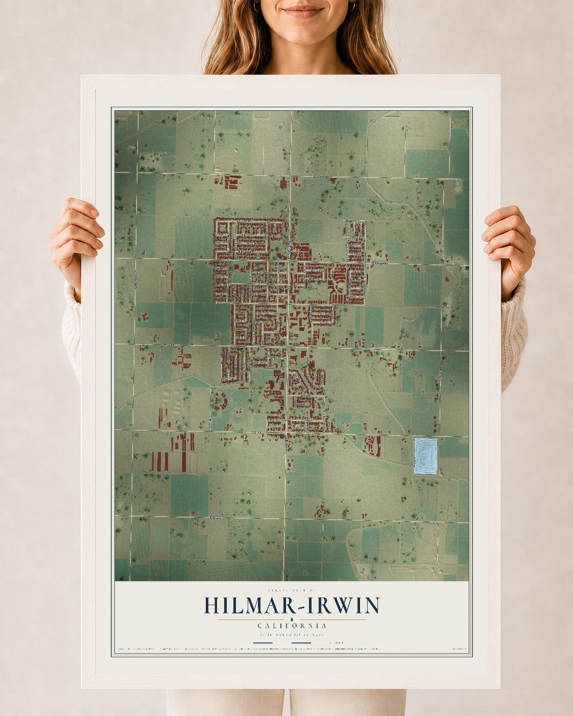 Map of Hilmar-Irwin, California, 24 x 36 inch print in a white wood frame