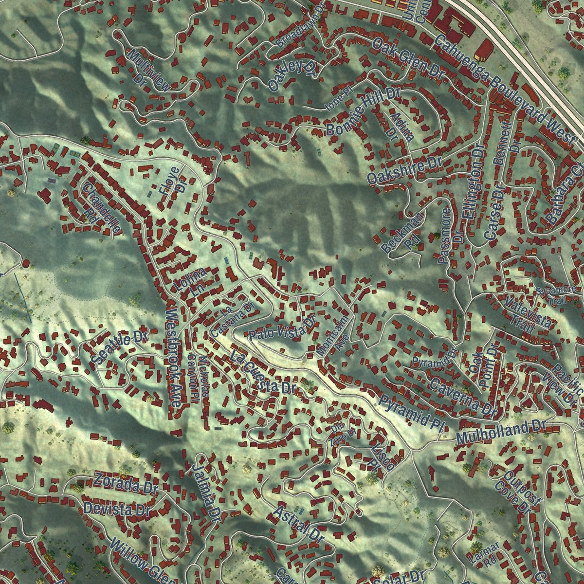 Close-up of the map of Hollywood Hills West, California print showing street and building detail