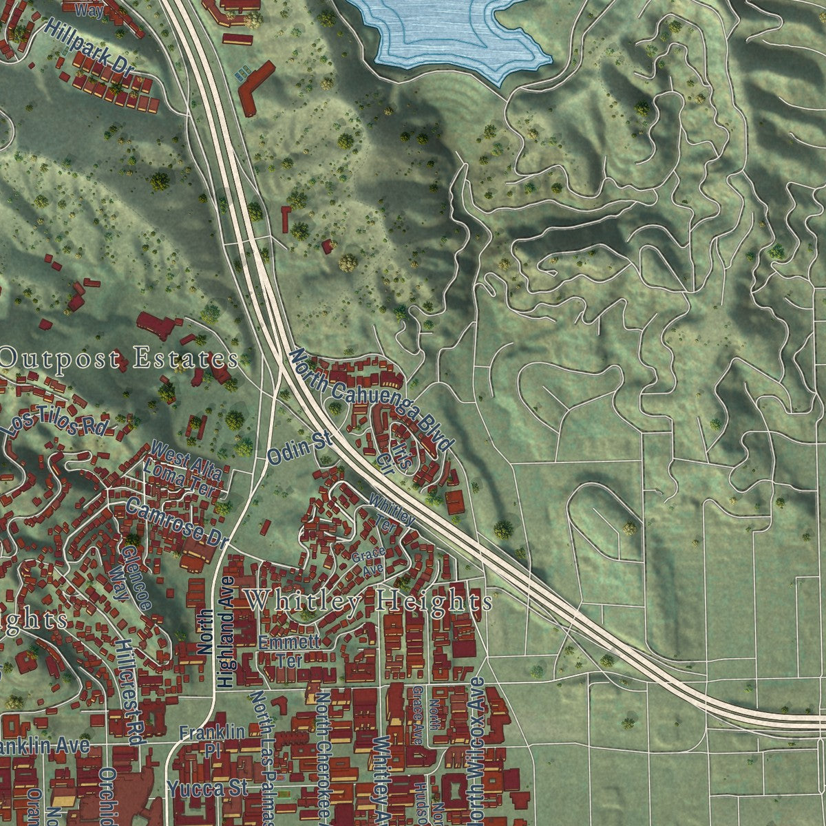 Second close-up of the map of Hollywood Hills West, California print showing more streets and buildings