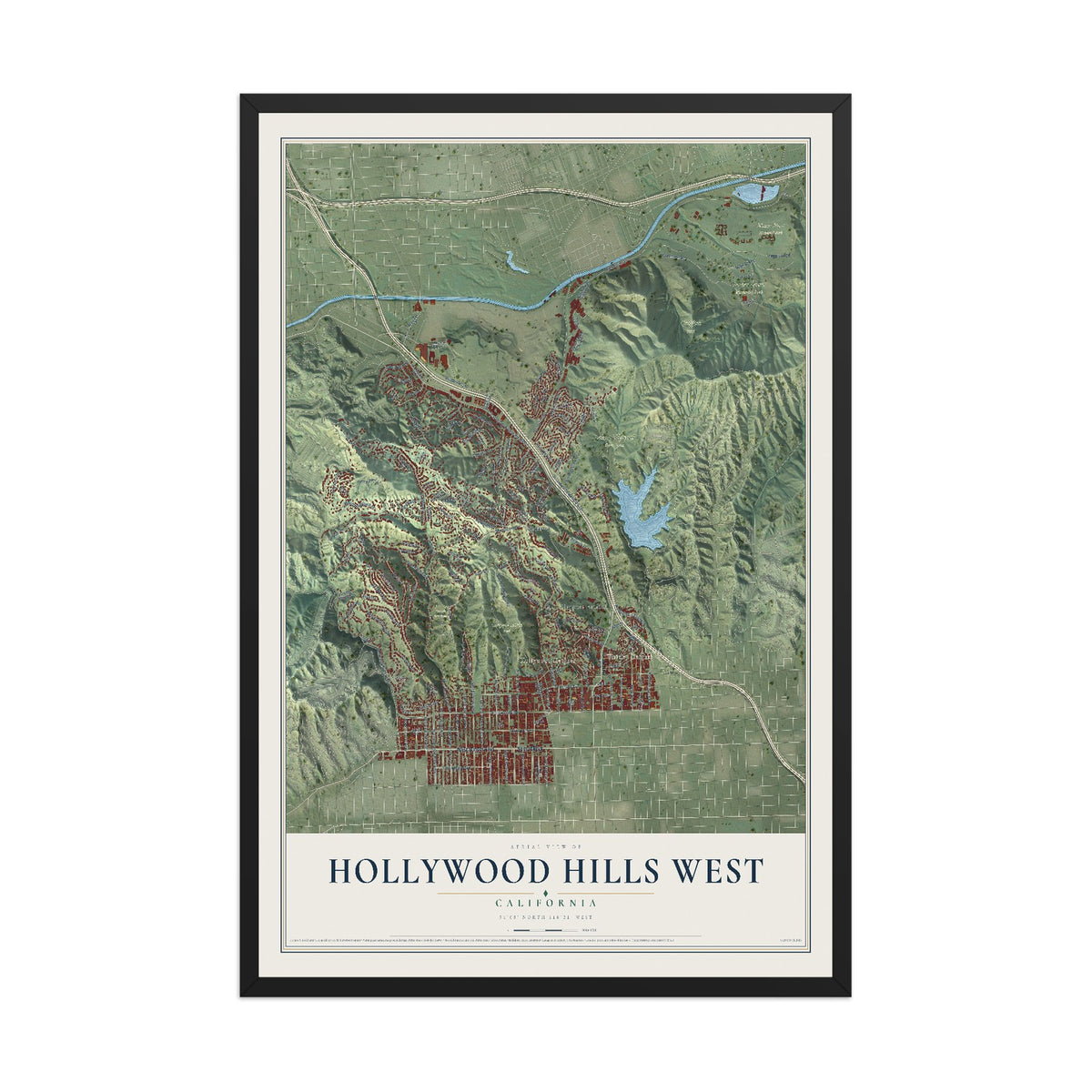 Map of Hollywood Hills West, California, 12 x 18 inch print in a black wood frame