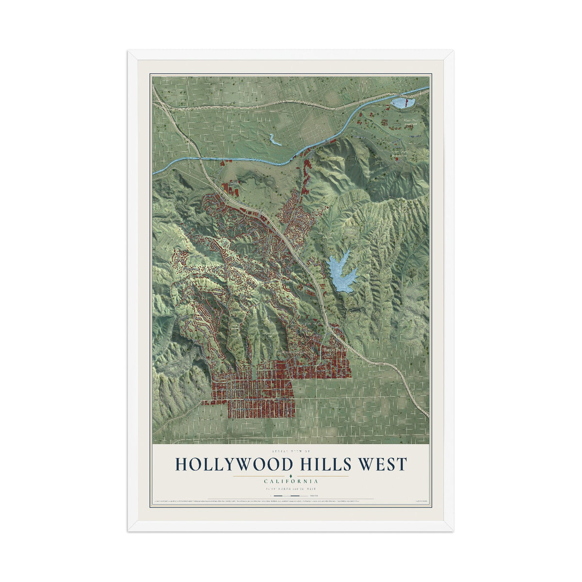 Map of Hollywood Hills West, California, 12 x 18 inch print in a white wood frame
