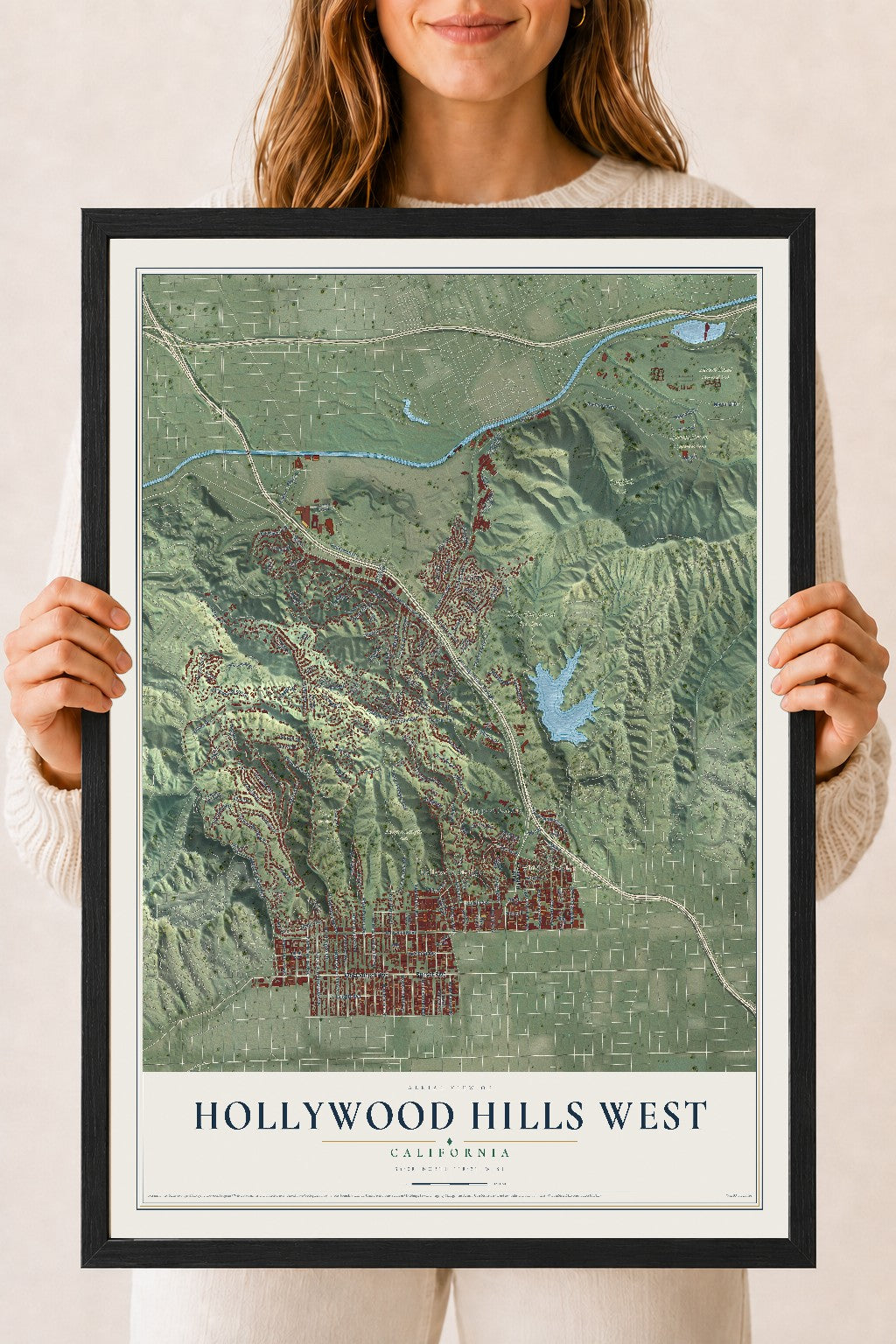 Map of Hollywood Hills West, California, 18 x 24 inch print in a black wood frame