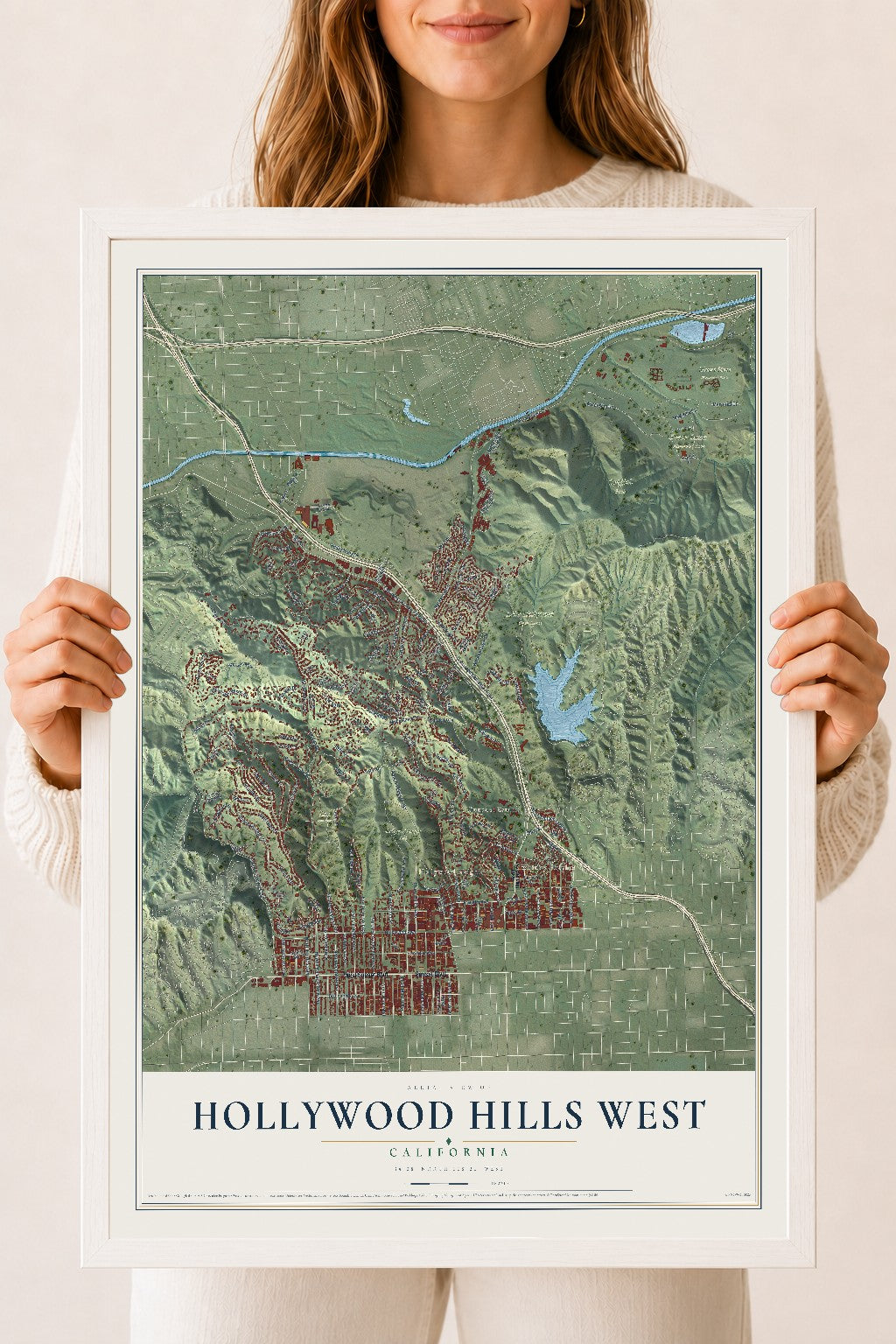 Map of Hollywood Hills West, California, 18 x 24 inch print in a white wood frame