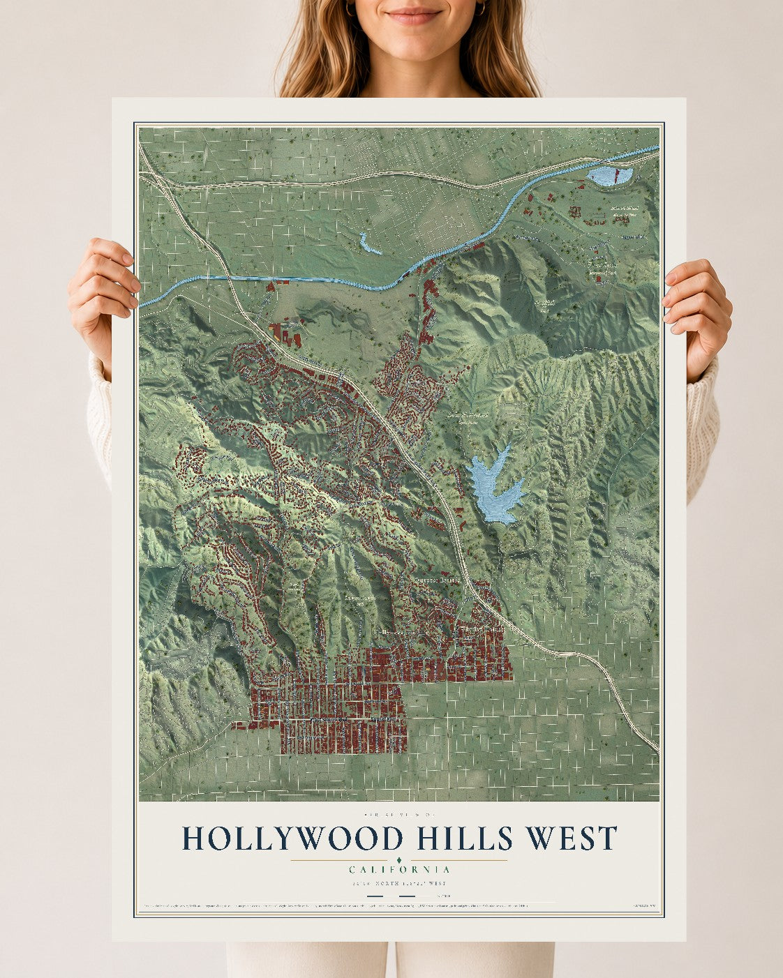 Map of Hollywood Hills West, California, 24 x 36 inch unframed archival matte print