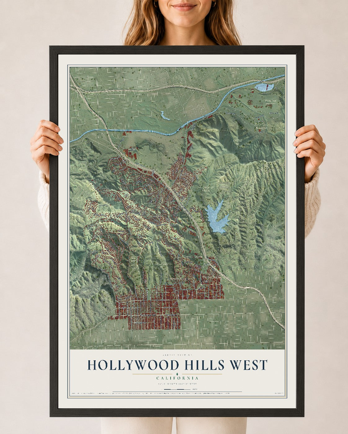 Map of Hollywood Hills West, California, 24 x 36 inch print in a black wood frame