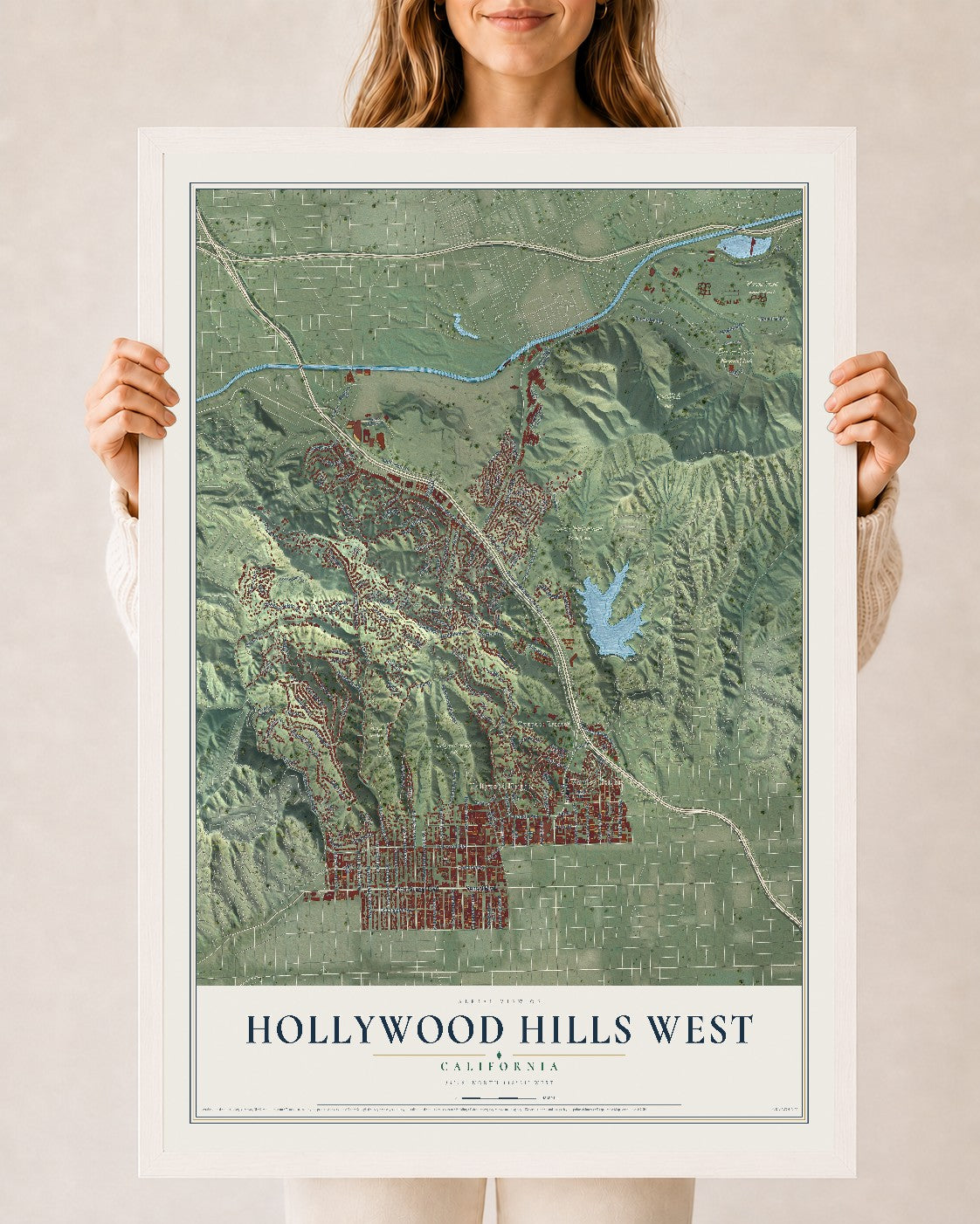 Map of Hollywood Hills West, California, 24 x 36 inch print in a white wood frame