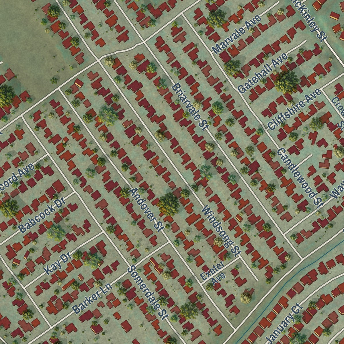 Close-up of the map of Home Gardens, California print showing street and building detail